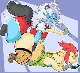 anthro biped butt clothed clothing crossdressing duo femboy fishnet_clothing fishnet_legwear fur gaming gaming_while_penetrated green_clothing green_shirt green_topwear hair hat headgear headwear josou_seme legwear maid_uniform male male/male male_penetrated motion_lines penetration red_clothing sex shirt thick_thighs topwear uniform white_hair wide_hips bulluppa game_boy_advance_sp game_boy_family nintendo pokemon space_dandy meow_(space_dandy) alien betelgeusian dewott domestic_cat felid feline felis generation_5_pokemon mammal mustelid pokemon_(species) 2023 hi_res signature