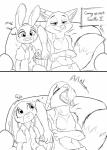 2018 absurd_res anthro canid canine clothed clothing comic disney duo eating female food fox fur hi_res judy_hopps lagomorph leporid male mammal monochrome nick_wilde open_mouth popcorn rabbit shadowponi sharp_teeth smile teeth topless yawn zootopia