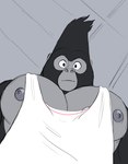 anthro big_chest big_pecs black_body black_fur clothing fur grey_body grey_skin looking_down male muscular muscular_anthro muscular_male nipples pecs shirt solo stare topwear white_clothing white_shirt white_topwear unrealrui illumination_entertainment pec_pov_meme sing_(movie) johnny_(sing) ape gorilla haplorhine mammal primate digital_media_(artwork) hi_res