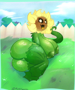 big_breasts big_butt black_sclera bodily_fluids breasts butt cute_fangs fangs female flower garden genitals green_body huge_butt nipples non-mammal_nipples petals plant solo sweat sweatdrop teeth tongue vulva white_eyes rabbit5gamer electronic_arts plants_vs._zombies popcap_games elemental_creature flora_fauna flower_creature sunflower_(pvz) absurd_res hi_res