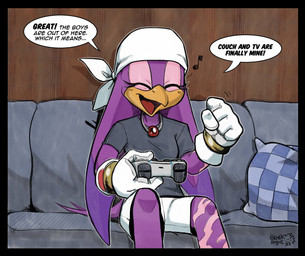 anthro beak bottomwear bracelet clothing controller dialogue eyelashes eyes_closed female furniture game_controller gloves handwear headgear headkerchief headwear jewelry kerchief musical_note musical_symbol necklace open_beak open_mouth pillow purple_body shirt shorts sitting sofa solo symbol topwear gemlik_rogue sega sonic_riders sonic_the_hedgehog_(series) wave_the_swallow avian bird hirundinid oscine passerine swallow_(bird) 2025