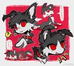 ambiguous_gender blood bodily_fluids collar dialogue eyeball feral gore guts intestines kemono open_mouth open_smile organs red_collar red_eyes smile solo text zhang_gun canid canine canis domestic_dog mammal chinese_text hi_res translated