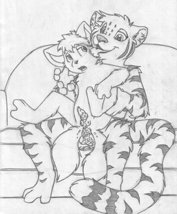 2_tails age_difference anal anal_penetration animal_genitalia animal_penis anthro anthro_on_anthro anthro_penetrated anthro_penetrating anthro_penetrating_anthro arm_grab balls barefoot biped bodily_fluids canine_genitalia canine_penis chair_position cum cum_from_ass cum_in_ass cum_inside cute_fangs duo erection face_lick fangs feet from_behind_position front_view furniture genital_fluids genitals interspecies knot larger_male legs_up licking male male/male male_penetrated male_penetrating male_penetrating_male multi_tail nude older_male on_lap on_sofa open_mouth penetration penile penile_penetration penis penis_in_ass sex sheath sitting size_difference smaller_male smaller_penetrated sofa spread_legs spreading tail teeth tongue tongue_out young young_anthro younger_male younger_penetrated mizzyam shokuji_(character) canid canine felid fox mammal pantherine tiger absurd_res character_request graphite_(artwork) greyscale hi_res monochrome traditional_media_(artwork)