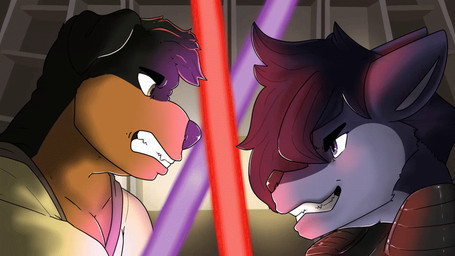 kiss_on_lips kissing lightsaber melee_weapon purple_lightsaber red_lightsaber sword weapon fungimagi star_wars malcolm_(applelover22) canid canine canis domestic_dog mammal mastiff molosser rottweiler wolf 16:9 animated widescreen