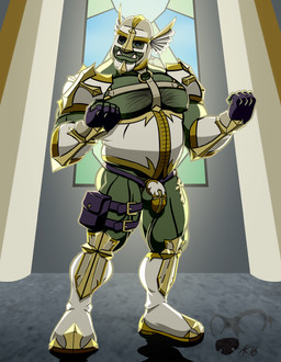 armor balls barazoku bdsm belt biceps big_muscles big_pecs blue_eyes body_hair bondage boots bound buckle butt casual_chastity chastity_cage chastity_device chest_hair clothing collar corset cross footwear gauntlets genitals gloves gold_(metal) gold_chastity_cage gold_chastity_device greaves green_body green_skin handwear headgear helmet inside legwear lingerie male musclegut muscular muscular_humanoid muscular_male muscular_sub nipples not_furry pauldron pecs pouch_(clothing) shin_guards shoes smile solo stained_glass standing straps stylized_chastity_cage submissive submissive_male teeth temple topwear tusks unconvincing_armor anso/rez humanoid mammal orc 2016 hi_res