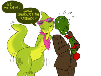 ?_face ambiguous_gender anthro bodily_fluids bottom_heavy butt clothed clothing cute_fangs dialogue duo eyewear fangs femboy green_body green_skin kerchief male mostly_nude neckerchief necktie neckwear shaking_butt simple_background speech_bubble suit sunglasses sweat tail teeth text thick_tail thick_thighs white_background wide_hips chochi denver_the_last_dinosaur anon denver corythosaurus dinosaur hadrosaurid human mammal ornithischian ornithopod prehistoric_species reptile scalie 4:3 english_text hi_res