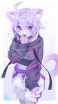 ahoge alternate_species anthro anthrofied blush bottomwear clothing collar cute_fangs eyebrow_through_hair eyebrows fangs female fur furrification hair hand_on hand_on_mouth heart_symbol hoodie inner_ear_fluff kemono looking_at_viewer multicolored_body multicolored_fur open_mouth pants purple_body purple_eyes purple_fur solo streetwear techwear teeth tomboy tongue topwear translucent translucent_hair tuft unusual_eyes white_body white_bottomwear white_clothing white_fur white_inner_ear_fluff white_pants aruurara hololive vtuber okayu_nekomata domestic_cat felid feline felis mammal 2023 cool_colors digital_media_(artwork) digital_painting_(artwork) hi_res