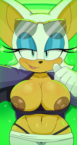 anthro areola big_breasts big_ears black_nose blue_eyes blue_eyeshadow bottomwear breasts brown_areola brown_nipples clothed clothing eyelashes eyeshadow eyewear eyewear_on_head female flashing flashing_breasts front_view fur gloves green_background handwear lipstick looking_at_viewer makeup navel nipples orange_body orange_fur pants pink_lipstick purple_clothing purple_topwear simple_background solo sparkles sunglasses sunglasses_on_head thong_straps topwear white_body white_bottomwear white_clothing white_fur white_gloves white_handwear white_pants wide_hips jeanart sega sonic_the_hedgehog_(series) the_murder_of_sonic_the_hedgehog rouge_the_bat bat mammal hi_res