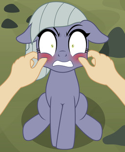 angry blush cheek_pinch clenched_teeth duo female feral green_eyes looking_at_viewer on_model teeth badumsquish friendship_is_magic hasbro my_little_pony limestone_pie_(mlp) earth_pony equid equine horse mammal pony absurd_res hi_res