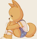 anthro black_eyes blue_clothing blush clothing dog_tail footwear fur johnny_kraft male orange_body orange_fur overalls shirt shoes simple_background sitting socks solo t-shirt tan_background topwear white_clothing dandi dandidoo_(artist) maple_town shin_maple_town_monogatari danny_dog johnny_(maple_town) canid canine canis domestic_dog mammal