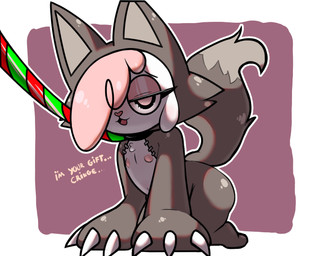 anthro blush claws clothing collar costume female hair hair_over_eye half-closed_eyes holidays kneeling leash legs_up looking_at_viewer narrowed_eyes nipples simple_background solo zipper_down viofsa chikn_nuggit christmas cofi_(chikn_nuggit) bovid caprine mammal sheep 2025 digital_media_(artwork)