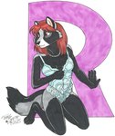 anthro black_body black_fur breasts brown_eyes cleavage clothed clothing female fur gem grey_body grey_fur hair jewelry lingerie necklace pearl_(gem) pearl_necklace red_hair solo text white_body white_fur terrie_smith canid canine mammal raccoon_dog 2025