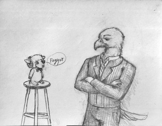 anthro beak bigotry bow_tie bulge chair clothed clothed_anthro clothed_male clothing dialogue duo ears_up eye_contact feathers fur furniture homophobia homophobic_slur horn looking_at_another male male/male on_chair sitting sitting_on_chair slur speech_bubble suit_jacket tail tail_feathers text wool_(fur) reynard_goodfellow reynard_the_baa avian bird bovid caprine mammal sheep monochrome
