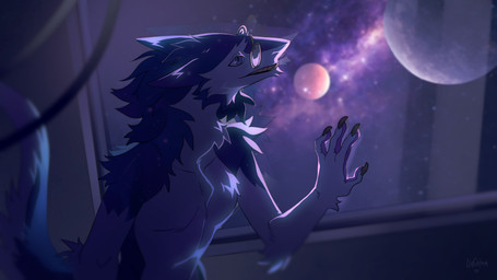 claws eyewear female glasses looking_aside open_mouth open_smile smile solo space wearing_glasses lingrimm sergal 16:9 hi_res widescreen
