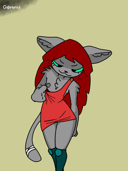 anthro breasts clothed clothing dress ears_down female fluffy fluffy_chest fur grey_body grey_fur inner_ear_fluff nipples pivoted_ears presenting prothesis side_boob skinny slim small_breasts small_waist solo standing teasing teasing_viewer tuft whiskers gortros quiettomato mallorie_(quiettomato) felid mammal 3:4 hi_res trans_(lore)