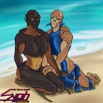 alien beach bioware blue_eyes duo electronic_arts female hi_res holding_leg holding_thigh kneeling looking_at_viewer mass_effect sand sitting sypherus turian water yellow_eyes