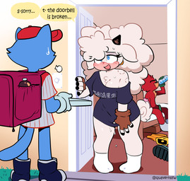 4_fingers after_sex answering_door anthro apology bell bell_collar bite_mark bite_mark_on_shoulder black_horn blue_eyes bodily_fluids bottle bottomless bottomless_female breasts brown_clothing brown_gloves brown_handwear cleavage clothed clothing collar conjoined_speech_bubble container cowbell dialogue door drinking drinking_bottle drinking_water eyelashes eyewear female fingerless_gloves fingers food footwear footwear_only fur glasses gloves gloves_only green_clothing green_gloves green_handwear group handwear handwear_only hat headgear headwear horn male male/female mostly_nude off_shoulder pizza red_baseball_cap red_body red_clothing red_fur red_hat red_headwear shirt shirt_only shoes socks socks_only speech_bubble stuttering sweat sweatdrop t-shirt t-shirt_only tail text text_on_clothing text_on_t-shirt text_on_topwear topwear topwear_only trio water wearing_glasses white_body white_clothing white_footwear white_fur white_socks wool_(fur) quavernsfw idw_publishing sega sonic_the_hedgehog_(comics) sonic_the_hedgehog_(idw) sonic_the_hedgehog_(series) gadget_the_wolf lanolin_the_sheep_(sonic) bovid canid canine canis caprine mammal sheep wolf 2025 artist_name english_text hi_res