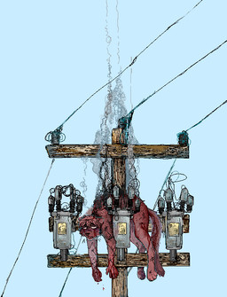 ambiguous_death anthro blood bodily_fluids electrocution eye_roll gore male outside power_lines sky smoke solo suspension wounded jeffusherb digital_media_(artwork) pixel_(artwork)
