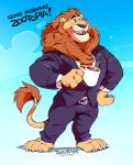 4_toes anthro barefoot biped black_nose blue_background claws clothed clothing container cup feet fur gradient_background holding_container holding_cup holding_object male open_mouth open_smile red_eyes simple_background smile solo standing suit text toe_claws toes super-tuler disney zootopia leodore_lionheart felid lion mammal pantherine 2016 digital_media_(artwork) english_text hi_res