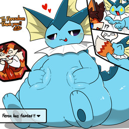 abdominal_bulge after_transformation ambiguous_gender anthro belly belly_rub blep blue_body blue_eyes blush bodily_fluids clothing digestion_implied duo fainted female female/ambiguous feral feral_pred fur happy heart_symbol internal larger_pred oral_vore orange_body orange_fur organs pounce predator/prey red_body red_fur saliva simple_background size_difference soft_vore stomach surprised swallowed_alive swallowing tail tail_motion tailwag tongue tongue_out twitching unwilling_prey vore white_background white_body white_fur willing_pred tontaro nintendo pokemon ferox_(feroxdoon) braixen canid canine eeveelution fox generation_1_pokemon generation_6_pokemon mammal pokemon_(species) red_fox true_fox vaporeon 1:1 animated animated_comic comic nonbinary_(lore)