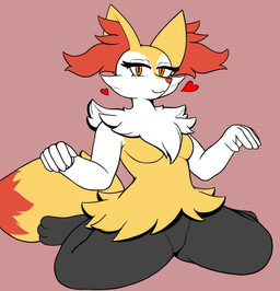 anthro arm_tuft breasts cheek_tuft dipstick_tail eyelashes facial_tuft featureless_breasts featureless_crotch feet female female_anthro front_view fur grey_body grey_fur heart_symbol inner_ear_fluff kneeling looking_at_viewer markings medium_breasts orange_body orange_eyes orange_fur orange_nose pink_background pupils shoulder_tuft simple_background slit_pupils smile solo tail tail_markings thick_thighs tuft white_body white_fur wide_hips yellow_body yellow_fur rayleigh_fortune nintendo pokemon braixen generation_6_pokemon pokemon_(species) absurd_res hi_res