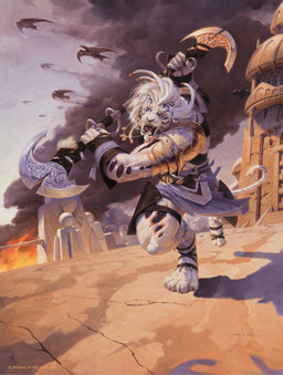 action_pose anthro armor blue_eyes building cybernetics day detailed_background fire fur glowing glowing_eyes holding_melee_weapon holding_object holding_weapon looking_at_viewer machine male melee_weapon muscular muscular_male outside pauldron pose smoke solo tail weapon white_body white_fur victor_adame_minguez hasbro magic:_the_gathering wizards_of_the_coast ajani_goldmane alien catfolk felid leonin lion mammal pantherine phyrexian 2021 hi_res official_art