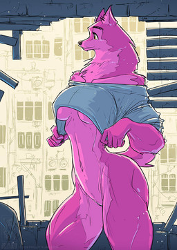 anthro barely_visible_genitalia barely_visible_vulva big_breasts biped blue_clothing breasts clothed clothing female fur genitals mouth_closed nipple_outline pink_body pupils smile solo thick_thighs under_boob vulva conditional_dnp jollyjack mythology canid canine mammal mythological_canine mythological_creature werecanid werecanine werecreature werewolf 2026