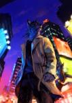 anthro city clothed clothing coat hair male night outside sky solo standing topwear trenchcoat racoonwolf mammal 2018 hi_res