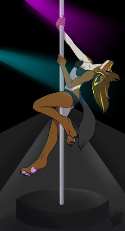 4_toes anthro blue_eyes blush bra breasts brown_body brown_fur clothed clothing dancing feet female fur hair long_hair looking_at_viewer paws pole pole_dancing skimpy solo toes underwear white_body white_fur basscarrier abigail_(abijackal) canid canine canis jackal mammal digital_media_(artwork) hi_res