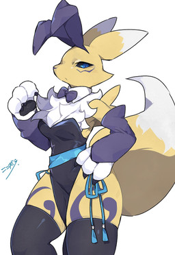 anthro armwear big_tail black_sclera blue_eyes bow_tie breasts bridal_gauntlets bunny_costume claws clothed clothing collar costume dipstick_ears dipstick_tail double_tomoe ear_markings facial_markings fake_ears fake_rabbit_ears female fur gloves_(marking) head_markings markings multicolored_ears neck_tuft partially_clothed pawpads simple_background solo tail tail_markings thick_thighs tomoe_(symbol) tuft white_background white_body white_breasts white_fur yellow_body yellow_fur kokokokokodari bandai_namco digimon canid digimon_(species) mammal renamon 2025 hi_res signature