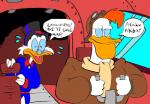 clothing duo eyewear glasses goggles hat headgear headwear islamophobia male scarf small_glasses text top_hat unknown_artist disney ducktales ducktales_(1987) launchpad_mcquack scrooge_mcduck anatid anseriform avian bird duck english_text