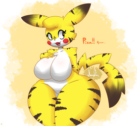 anthro anthrofied big_breasts breasts curvy_figure fangs female looking_at_another pattern_background pokemorph simple_background smile solo teeth thick_thighs voluptuous wide_hips yellow_body yellow_skin jhenightfox nintendo pokemon generation_1_pokemon pikachu pokemon_(species) hi_res