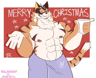 anthro bath holidays male mask muscular muscular_anthro muscular_male nipples solo superhero text towel paintstainpawbz christmas lifewonders live_a_hero ryekie_(live_a_hero) felid mammal pantherine tiger english_text hi_res