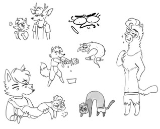 all_fours annoyed anthro barefoot beaded_jewelry beaded_necklace beads bottomless bottomless_male bottomwear breath carrying_another clothed clothing daisy_dukes denim denim_bottomwear denim_clothing denim_shorts duo facial_markings feet hair head_markings hotpants jewelry looking_at_another looking_at_viewer male markings mask_(marking) necklace rounded_back shorts simple_background size_difference solo sparkles standing topless topless_male white_background wringing browniepistacho mating_season_(series) cody_(mating_season) unnamed_character canid canine deer domestic_ferret fox mammal mustelid musteline true_musteline weasel 2026 digital_drawing_(artwork) digital_media_(artwork) greyscale line_art monochrome multiple_scenes sketch spanish_description