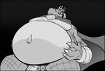 anthro belly bracelet cape clothing crown genitals headgear humanoid_genitalia humanoid_penis jewelry male navel overweight overweight_male penis scales simple_background solo yellowluster donkey_kong_(series) nintendo king_k._rool crocodile crocodilian kremling reptile scalie 2024 monochrome