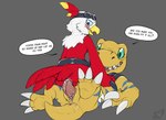 anal anthro belt cowgirl_position dialogue duo from_front_position lube lube_in_ass lube_on_dildo male male/male on_bottom on_top power_bottom sex size_queen speech_bubble benji_(artist) bandai_namco digimon gale_hawkmon agumon avian bird digimon_(species) hawkmon scalie absurd_res hi_res