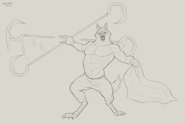 abs anthro bandage bandaged_leg bottomwear clothed clothing front_view holding_object holding_weapon looking_at_viewer male muscular muscular_anthro muscular_male narrowed_eyes open_mouth pants pecs solo standing topless weapon aduran dreamworks puss_in_boots_(franchise) death_(puss_in_boots) canid canine canis mammal wolf 2023 absurd_res dated full-length_portrait hi_res monochrome portrait signature sketch