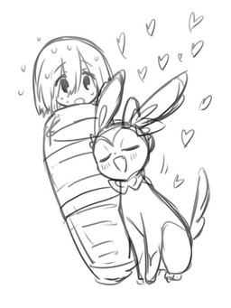 ambiguous_feral ambiguous_gender blush bodily_fluids cute_fangs duo fangs female female_human feral flying_sweatdrops heart_symbol open_mouth open_smile quadruped simple_background sitting smile sweat sweatdrop teeth wrapped mboj321 nintendo pokemon eeveelution generation_6_pokemon human mammal pokemon_(species) sylveon 2026 3:4 digital_drawing_(artwork) digital_media_(artwork) japanese_description monochrome sketch translated_description male_(lore)