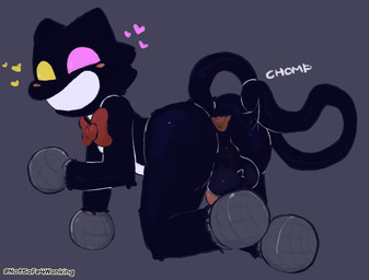 anthro black_body black_fur bow_tie butt clothing electronics fur genitals heterochromia male penis solo tail text notsafeforwanking deltarune undertale_(series) cat_mike_(deltarune) mike_(deltarune) darkner domestic_cat felid feline felis mammal english_text hi_res