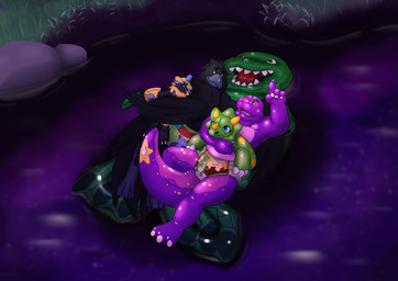 anthro clean_diaper clothed clothing cuddling diaper duo gesture hand_gesture inflatable inflatable_raft inflatable_toy looking_at_another looking_at_partner looking_up male night pattern_diaper plushie pointing pointing_up pool_toy pull-ups_(diaper) swim_ring swim_ring_with_face tail teeth water wearing_diaper leoniro_the_inklion nintendo pokemon fidri zoran animate_inanimate dinosaur generation_7_pokemon legendary_pokemon living_inflatable pokemon_(species) prehistoric_species reptile saurischian scalie theropod tyrannosaurid tyrannosauroid tyrannosaurus tyrannosaurus_rex zeraora absurd_res hi_res