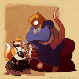 4_toes anthro belly big_breasts black_claws bow_ribbon breasts cake claws cleavage clothed clothing dessert dipstick_tail dress duo feet female fingers food fur grey_body grey_fur hair holding_object hyper kneeling larger_female markings multicolored_body multicolored_fur orange_body orange_fur orange_hair overweight overweight_anthro overweight_female pink_nose platter sitting size_difference smaller_female tail tail_markings text toes stereoplair canid canine fox mammal murid murine rat rodent 1:1 hi_res url