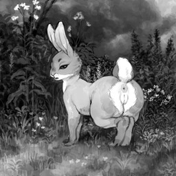 anus butt detailed_background female feral flower genitals grass humanoid_genitalia humanoid_genitalia_on_feral humanoid_vulva humanoid_vulva_on_feral looking_at_viewer looking_back nude open_mouth outside plant quadruped semi-anthro sky solo standing vulva crookedtrees lagomorph leporid mammal rabbit 1:1 2017 greyscale hi_res monochrome