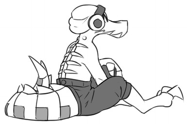 anthro beanie bottomwear clothed clothing cybernetics electronics hat headgear headphones headwear machine male metal_tail prosthetic shorts simple_background solo spine topless white_background flookz lethal_league latch crocodile crocodilian cyborg reptile scalie 2015 monochrome