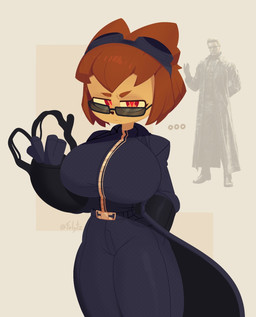 alternate_form anthro big_breasts biped breasts brown_body brown_fur brown_hair brown_skin clothed clothing cosplay crossover_cosplay ellipsis eyewear female fur hair jacket leather leather_clothing leather_jacket leather_topwear looking_at_viewer pupils red_eyes red_pupils simple_background slit_pupils solo sunglasses thick_thighs three-quarter_view topwear wearing_goggles wearing_sunglasses white_background felytz capcom gameoverse glitch_productions resident_evil albert_wesker kit_bodega felid feline mammal 2026 crossover digital_drawing_(artwork) digital_media_(artwork) english_description hi_res portrait reference_image signature three-quarter_portrait