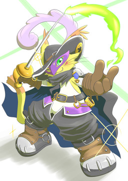 anthro belt boots cape cat_teaser clothing footwear fur gloves green_eyes handwear hat hat_feather headgear headwear loose_feather male melee_weapon one_eye_closed rapier shoes solo sword weapon wink yellow_body yellow_fur sahiqron bandai_namco digimon digimon_(species) felid feline mammal nyabootmon absurd_res hi_res