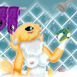 anthro bath bathroom breasts female fur nipples nude shower solo sponge tongue yellow_body yellow_fur suddenwolf bandai_namco digimon canid canine digimon_(species) mammal renamon 1:1 2017 absurd_res digital_media_(artwork) hi_res