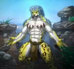 2017 abs absurd_res anthro anthrofied aztec bottomwear bulge claws clothing dreadlocks fangs felid grass hi_res inviting invizimals jaguar loincloth male mammal markings mountain muscular muscular_anthro muscular_male ocelotl pantherine pecs plant rock sky solo teeth temple todex