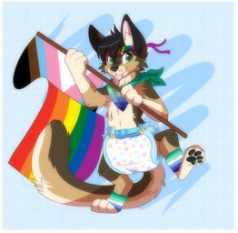 4_toes accessory ambiguous_gender anthro big_diaper black_ear_tips black_nose black_pawpads blue_background border brown_body brown_fur brown_tail clean_diaper clothed clothing diaper dipstick_ears ear_markings feet flag flag_(object) fur gloves_(marking) headband holding_flag holding_object inner_ear_fluff kerchief leg_markings leg_warmers legwear lgbt_pride markings multicolored_body multicolored_ears multicolored_fur multicolored_tail on_one_leg pawpads pawprint_print pink_inner_ear pride_color_clothing pride_color_kerchief pride_color_leg_warmers pride_color_legwear pride_color_neckerchief pride_colors progress_pride_colors simple_background socks_(marking) solo standing tail tan_body tan_fur tan_inner_ear_fluff tan_tail toes tongue tongue_out tuft vincian_pride_colors wearing_diaper whisker_spots white_border jupiters jack_cabbit domestic_cat felid feline felis hybrid lagomorph leporid mammal rabbit hi_res