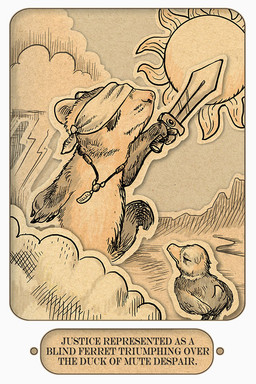 ambiguous_gender blindfold cloud duo electricity feral jewelry lightning melee_weapon necklace sun sword text weapon ursula_vernon anatid anseriform avian bird domestic_ferret duck mammal mustelid musteline true_musteline weasel 2:3 english_text