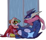 absurd_res amphibian anthro athletic athletic_male avian dripping dripping_wet duo generation_6_pokemon greninja hawlucha hi_res laiweitui male male/male moody_lighting muscular muscular_male nintendo pokemon pokemon_(species) raining size_difference towel